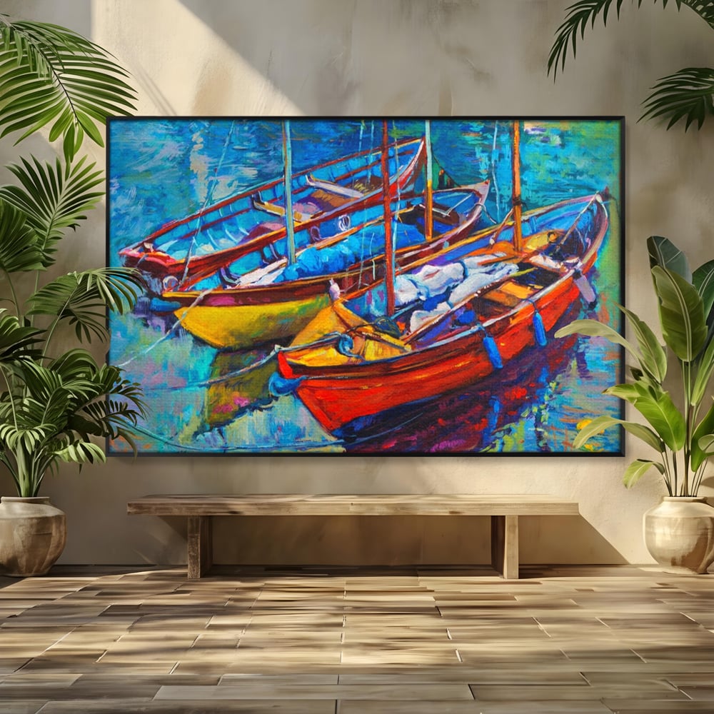 Tablou canvas cu tablou canvas cu barci in port, in rama de aluminiu negru